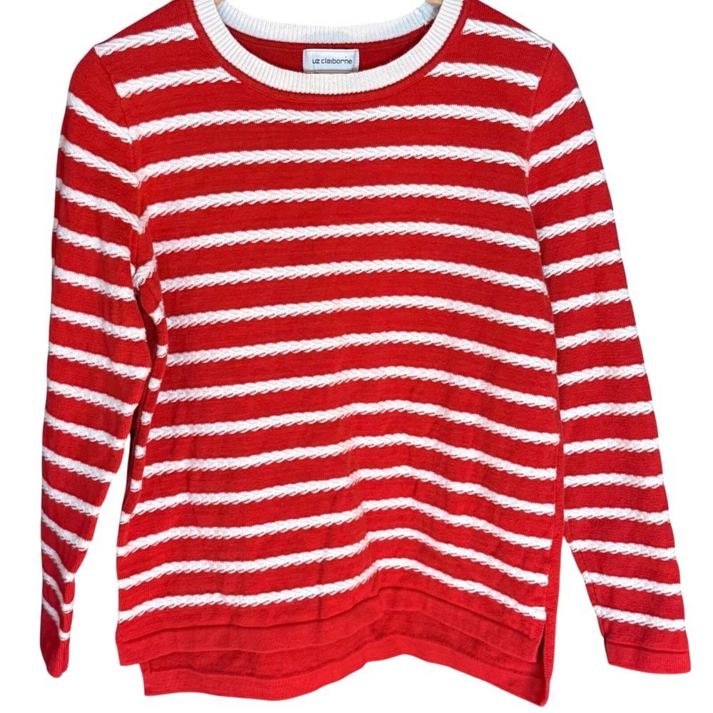 Liz Claiborne RedWhite Striped Knit Sweater LongSleeve CrewNeck Cotton Women's L